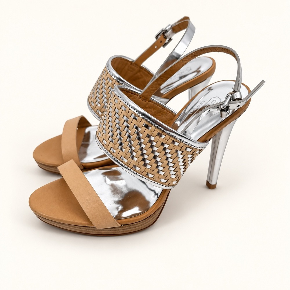 Coach Women's 7 Steffi Sandals Woven Metallic Silver Tan Stiletto Heels Glam Max